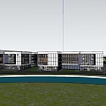 Modern Industrial Park with Spacious Plaza Green Lawns Trees People Walking Cars Parking