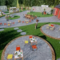 Tranquil Garden Landscape Featuring Circular Seating Areas Tables Chairs Trees And Pathways 3d model