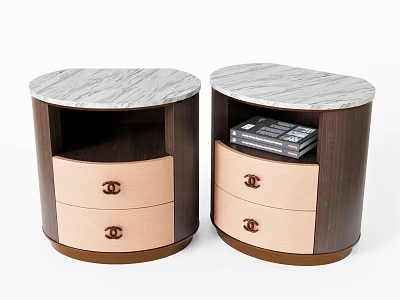 Elegant Round Marble Top Wooden Nightstands With Pink Drawers And Metal Knobs 3d model