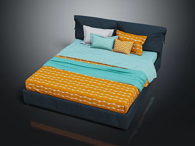 Navy Blue Double Bed With Orange Patterned Bedspread Light Blue Quilt And Colorful Pillows 3d model