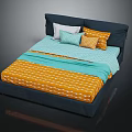Navy Blue Double Bed With Orange Patterned Bedspread Light Blue Quilt And Colorful Pillows 3d model