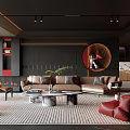 Modern Living Room Interior With Beige Sofa Red Accent Chair And Circular Decor Wall