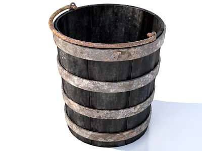 Vintage Black Wooden Bucket With Rustic Metal Hoops And Wooden Staves 3d model