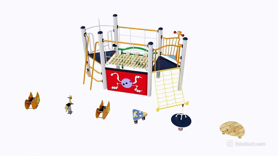 Colorful Kids Playground Equipment With Climbing Net Slide Platform And Swings 3d model 