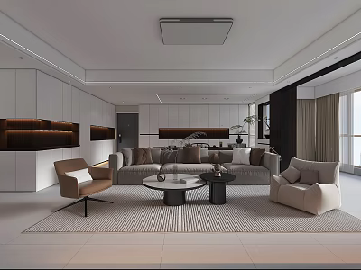 Modern Living Dining Room Interior With Beige Sofa Armchairs Coffee Table And Area Rug 3d model