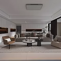 Modern Living Dining Room Interior With Beige Sofa Armchairs Coffee Table And Area Rug