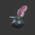 Decorative Inkwell With Pink Feather Blue Black Design Metallic Rim And Dark Background
