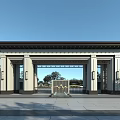Classical Entrance Gate With Tall Pillars And Open Courtyard View Surrounded By Trees 3d model
