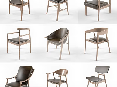 Stylish Modern Armchairs In Various Styles With Leather Seats And Wooden Frames 3d model