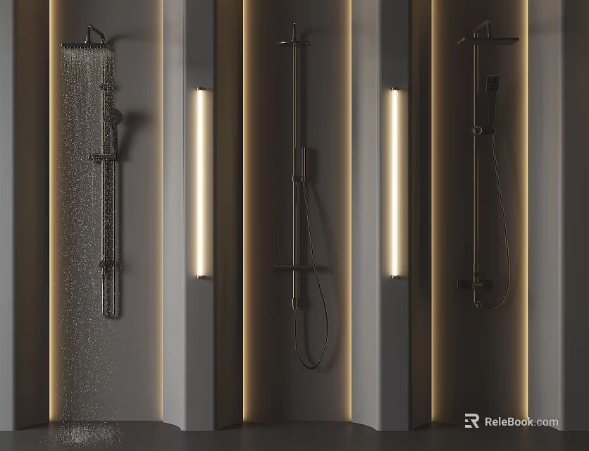 Modern Shower Head Designs With Water Flow On Gray Wall And LED Lights 3d model 