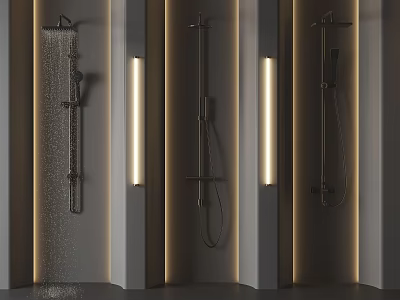 Modern Shower Head Designs With Water Flow On Gray Wall And LED Lights 3d model