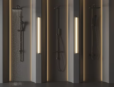 Modern Shower Head Designs With Water Flow On Gray Wall And LED Lights 3d model