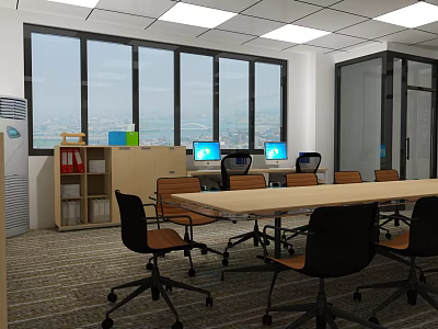 Spacious Conference Room With Large Windows Long Table Computers And Office Chairs 3d model