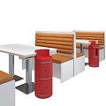 Orange and White Bench Style Public Seating with Table and Red Trash Bin 3d model