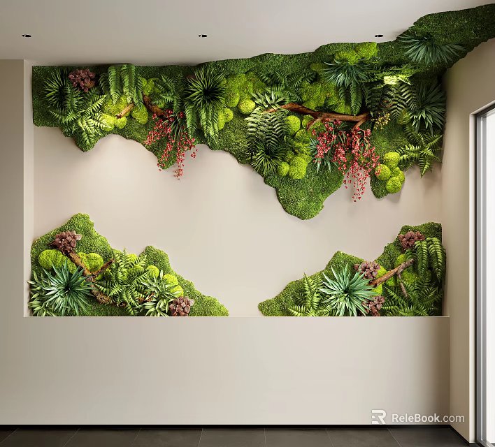 Indoor Landscape Wall Decoration With Lush Green Moss Ferns And Red Accents 3d model 