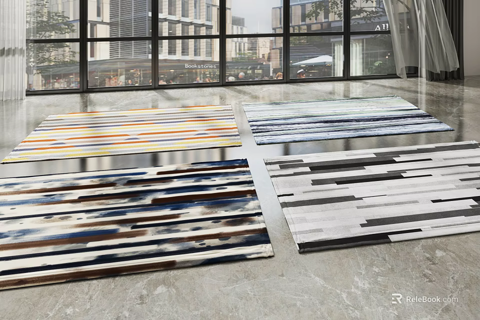 Striped Square Rugs In Various Colors Displayed In Modern Room With Large Windows 3d model 