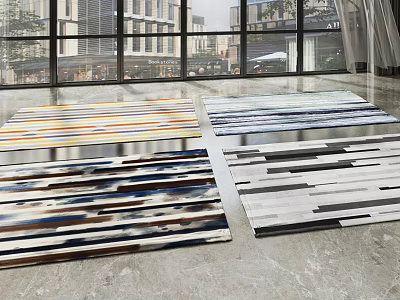 Striped Square Rugs In Various Colors Displayed In Modern Room With Large Windows 3d model