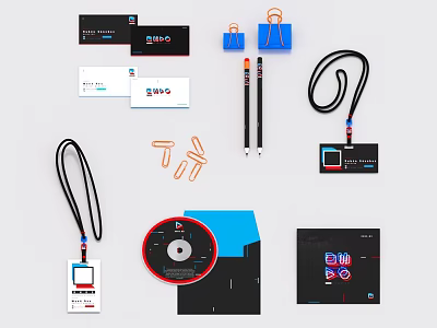 Brand Identity Design Elements Including Business Cards Lanyards Pens CD Case Folders And Badges 3d model