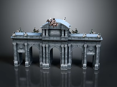 Gray Stone Triumphal Arch Landscape With Top Statues Multiple Arches Carved Decorations And Reflective Surface 3d model