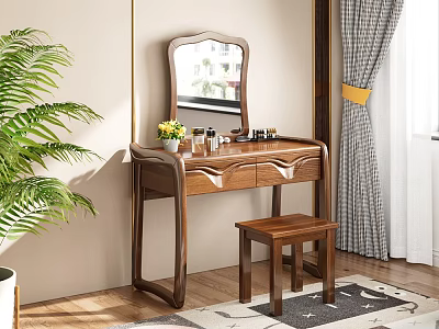 Elegant Wooden Dressing Table with Mirror Stool Cosmetics and Small Potted Plant 3d model