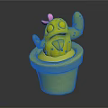 Green Cactus With Black Eyes Sticking Out Tongue And Pink Flower In Brown Clay Pot