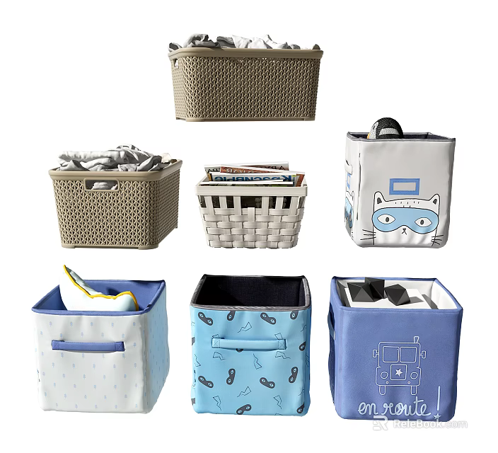 Woven and Fabric Storage Baskets with Cartoon Patterns Handles and Colors for Home Organizing 3d model 