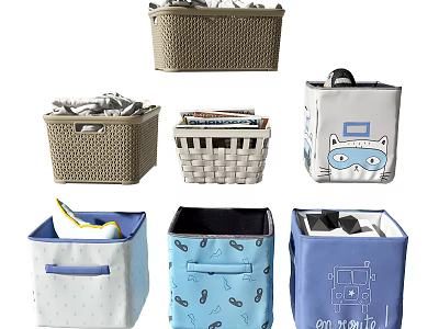 Woven and Fabric Storage Baskets with Cartoon Patterns Handles and Colors for Home Organizing 3d model
