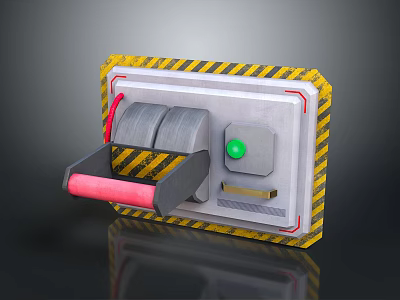 Compact Household Device With Yellow Black Warning Stripes Gray Rollers Green Button And Red Component 3d model