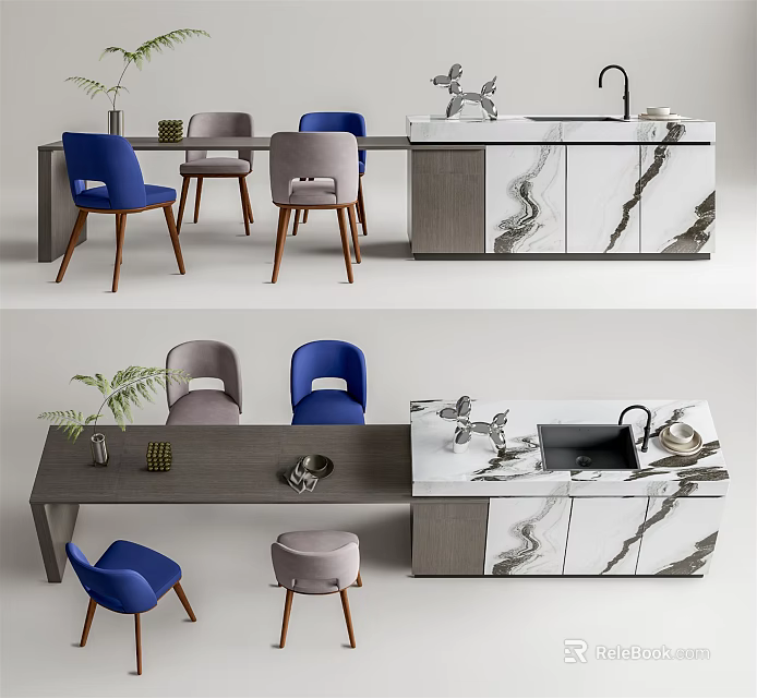 Modern Dining Table Set With Blue And Gray Chairs And Marble Top Decorative Elements 3d model