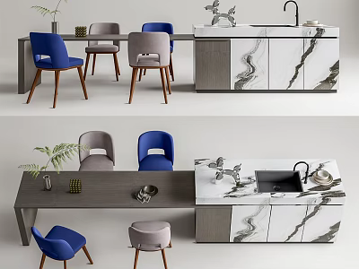 Modern Dining Table Set With Blue And Gray Chairs And Marble Top Decorative Elements 3d model