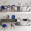Modern Dining Table Set With Blue And Gray Chairs And Marble Top Decorative Elements 3d model