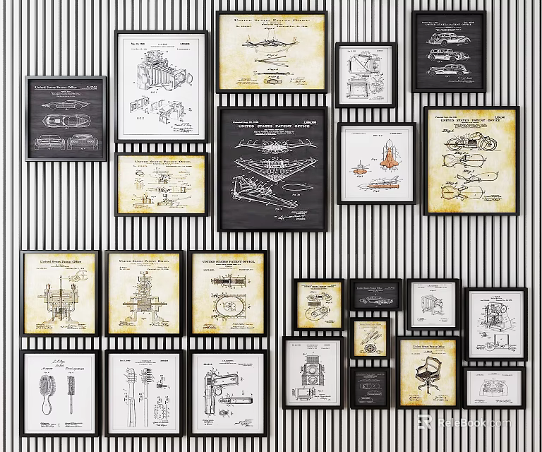 Vintage Industrial Framed Prints On Black And White Striped Wall With Mechanical Artworks 3d model 