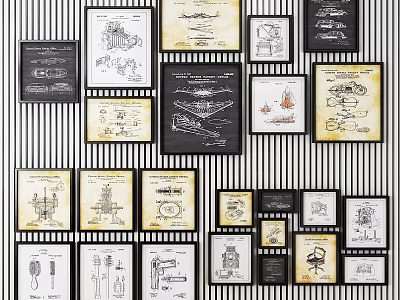 Vintage Industrial Framed Prints On Black And White Striped Wall With Mechanical Artworks 3d model