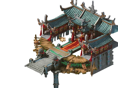 Cartoon Scene Of Traditional Chinese Architecture With Green Tiled Roofs Red Decorations And Stone Steps 3d model