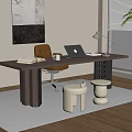 Modern Wooden Desk With Leather Chair Laptop Table Lamp Books And Wall Art