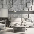 Modern Sofa and Coffee Table Set with Wooden Frame Light Cushions and Stone Wall Decor