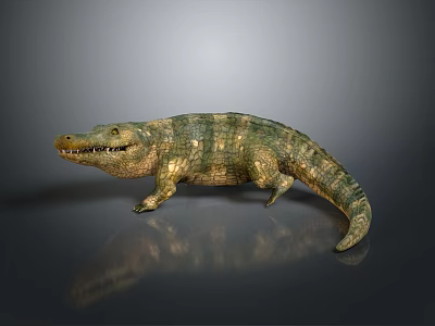 Green And Gold Striped Crocodile Statue On Black Background With Reflection 3d model