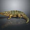 Green And Gold Striped Crocodile Statue On Black Background With Reflection