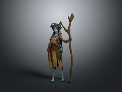 Mythical Blue Skinned Figure With Decorative Headdress Wooden Staff And Colorful Robe 3d model