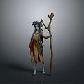 Mythical Blue Skinned Figure With Decorative Headdress Wooden Staff And Colorful Robe