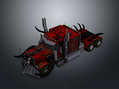 Red And Black Truck With Sharp Horns And Mechanical Body Design Features 3d model