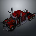 Red And Black Truck With Sharp Horns And Mechanical Body Design Features
