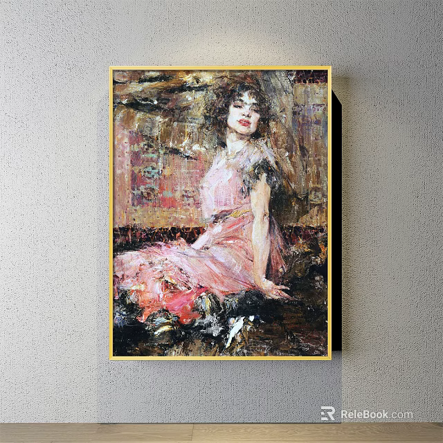 Oil Painting Portrait Of Woman In Pink Dress With Colorful Artistic Background 3d model 