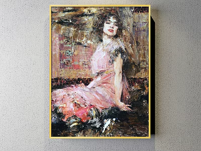 Oil Painting Portrait Of Woman In Pink Dress With Colorful Artistic Background 3d model