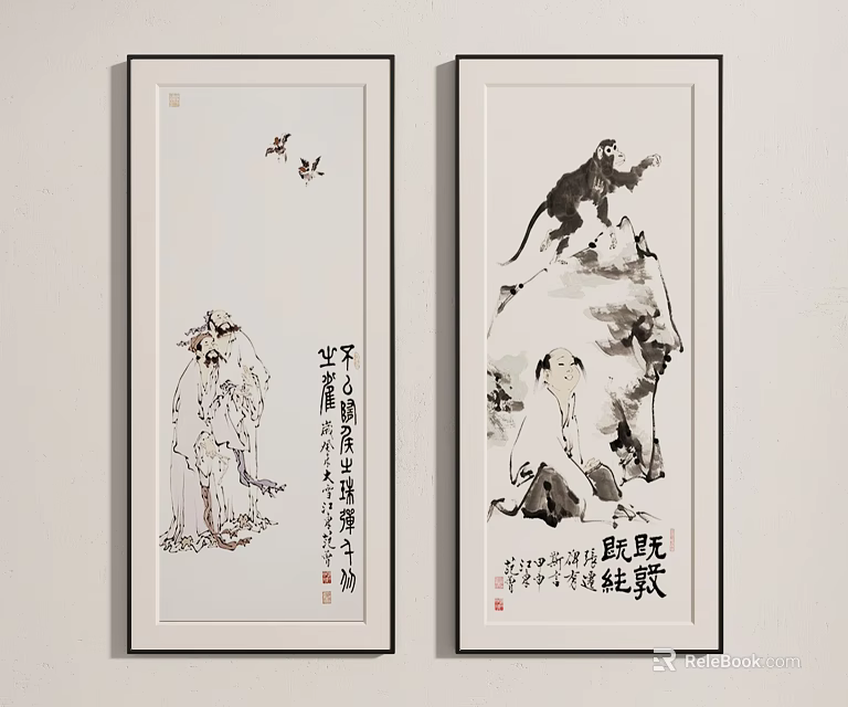 Traditional Chinese Figure Paintings With Framed Wall Art Featuring Figures Flying Birds Monkey And Calligraphy 3d model 