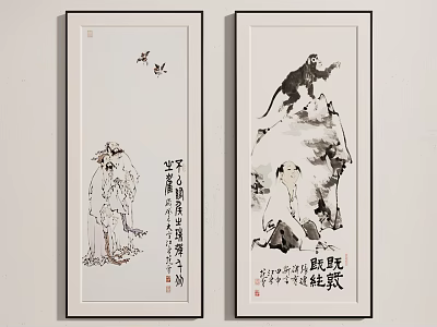 Traditional Chinese Figure Paintings With Framed Wall Art Featuring Figures Flying Birds Monkey And Calligraphy 3d model