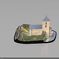 Detailed Brick Church Building Model With Sloped Roof Grass Path And Tower