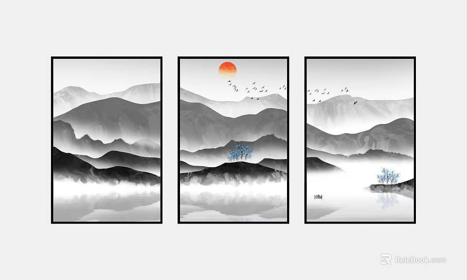 Chinese Ink Landscape Painting with Red Sun Flying Birds and Mountain Reflections 3d model 