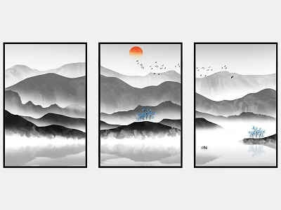 Chinese Ink Landscape Painting with Red Sun Flying Birds and Mountain Reflections 3d model