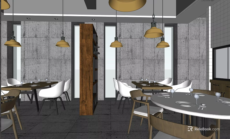 Modern Restaurant Interior With Wooden Partition Pendant Lights White Chairs And Round Tables 3d model 